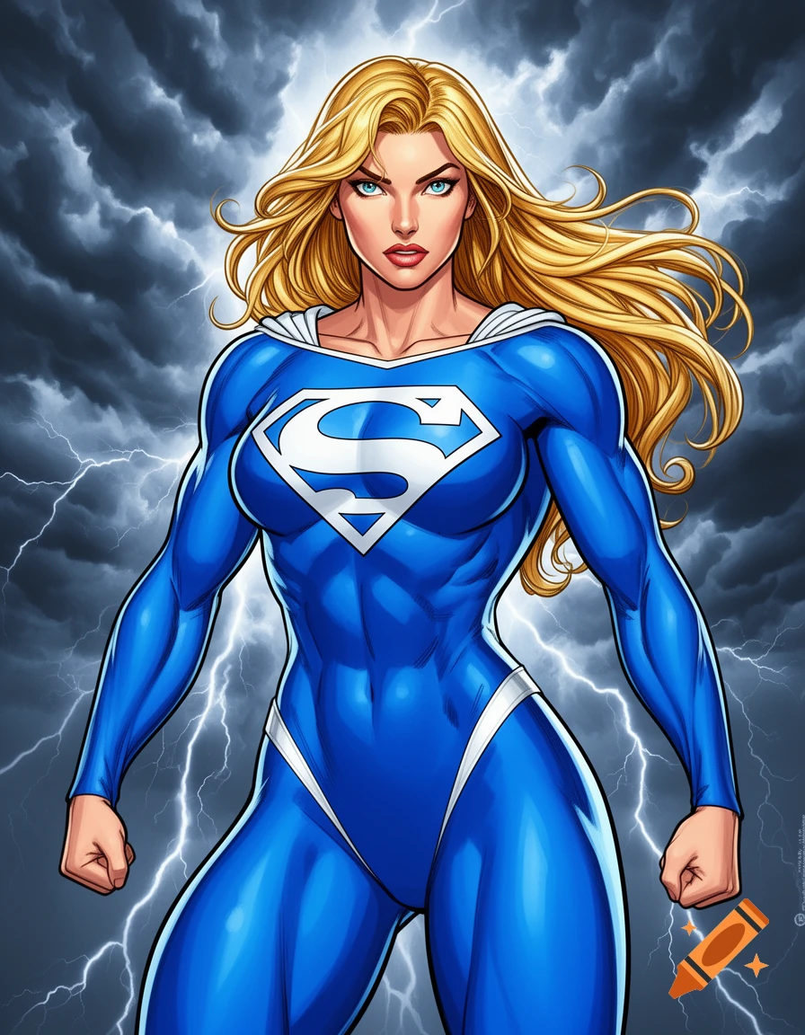 A muscular blonde superhero in a blue suit with an 'S' shield stands against a stormy sky with lightning, in a comic book art style.