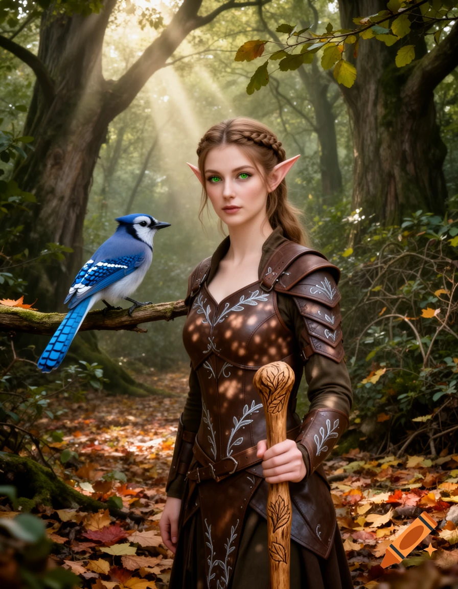 Photorealistic image of a female wood elf ranger with forest green eyes and a blue jay perched on a branch in an enchanted forest.