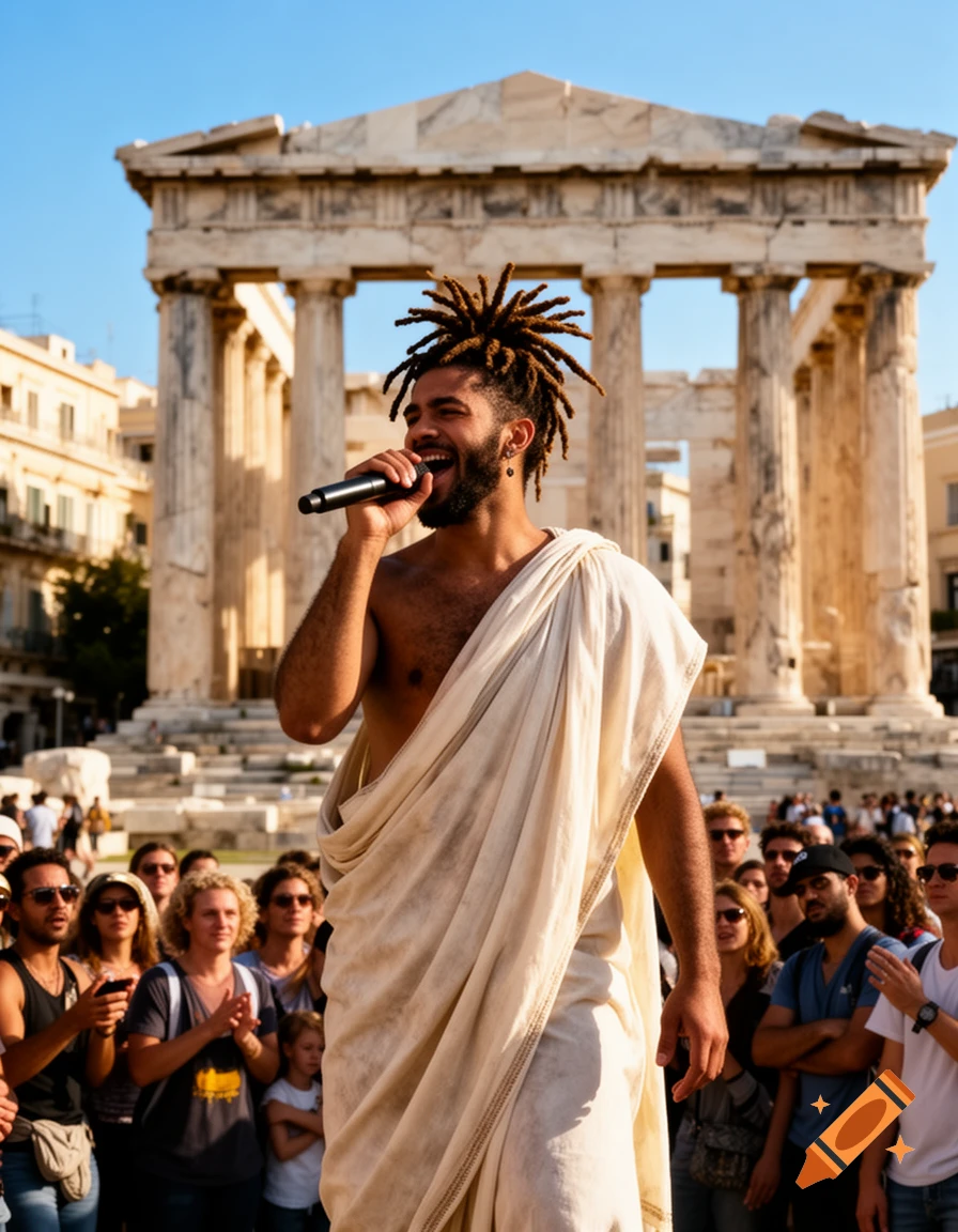 A man with dreadlocks wearing a toga sings into a microphone in front of an ancient Greek temple, surrounded by a crowd.