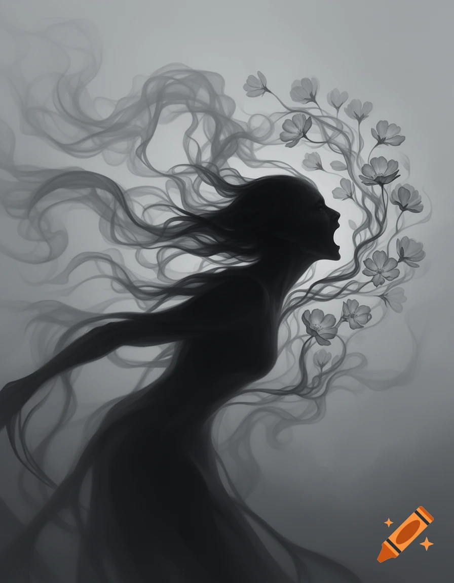 Abstract grayscale silhouette of a screaming figure with flowing smoke and hair turning into white flowers.