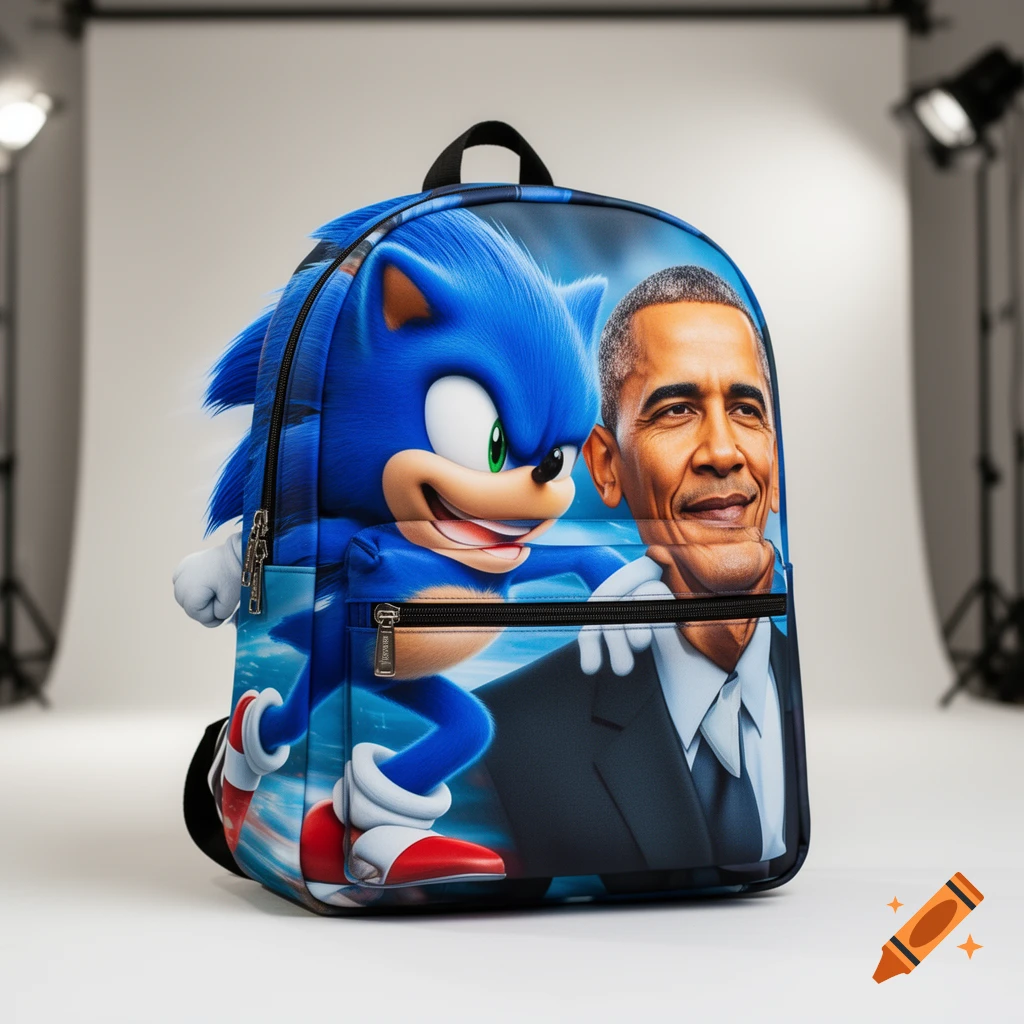 A blue backpack featuring Sonic the Hedgehog running next to a smiling Barack Obama, displayed in a studio setting.