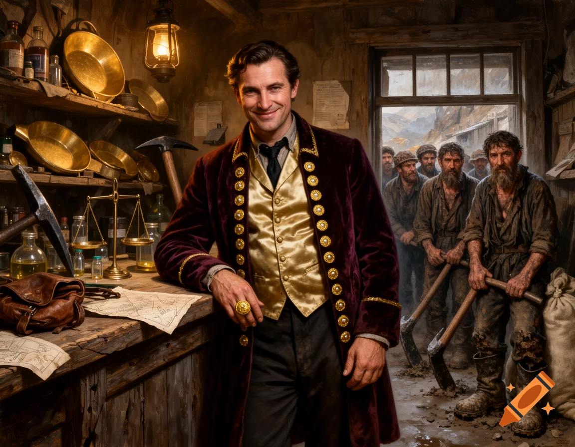 A wealthy man in a velvet coat smiles in a mining shop, while exhausted gold miners with pickaxes stand outside a window. Realistic painting.