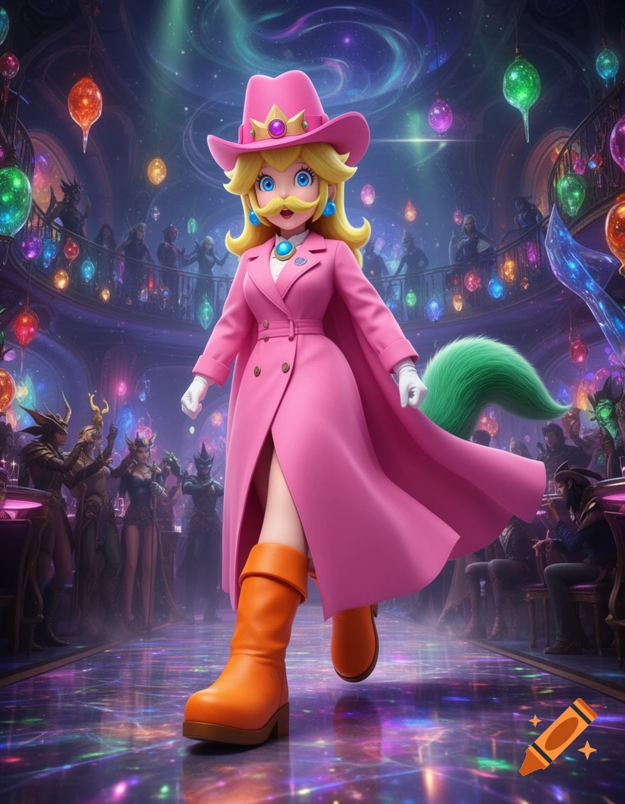 Princess Peach with a fake blonde mustache, pink fedora, trenchcoat, orange boots, and a green wolf tail, struts into a vibrant fantasy nightclub.