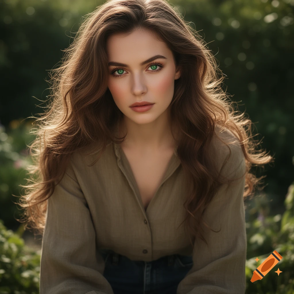 Photorealistic portrait of a young woman with long brown wavy hair, striking green eyes, wearing an olive green shirt, outdoors.