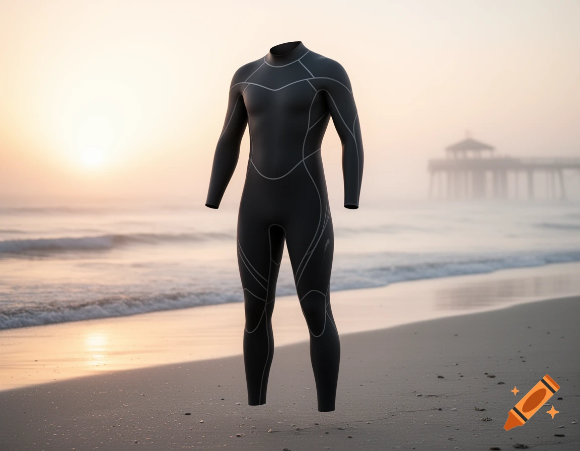 A black wetsuit stands on a sandy beach at sunset, with ocean waves and a distant pier in the background.