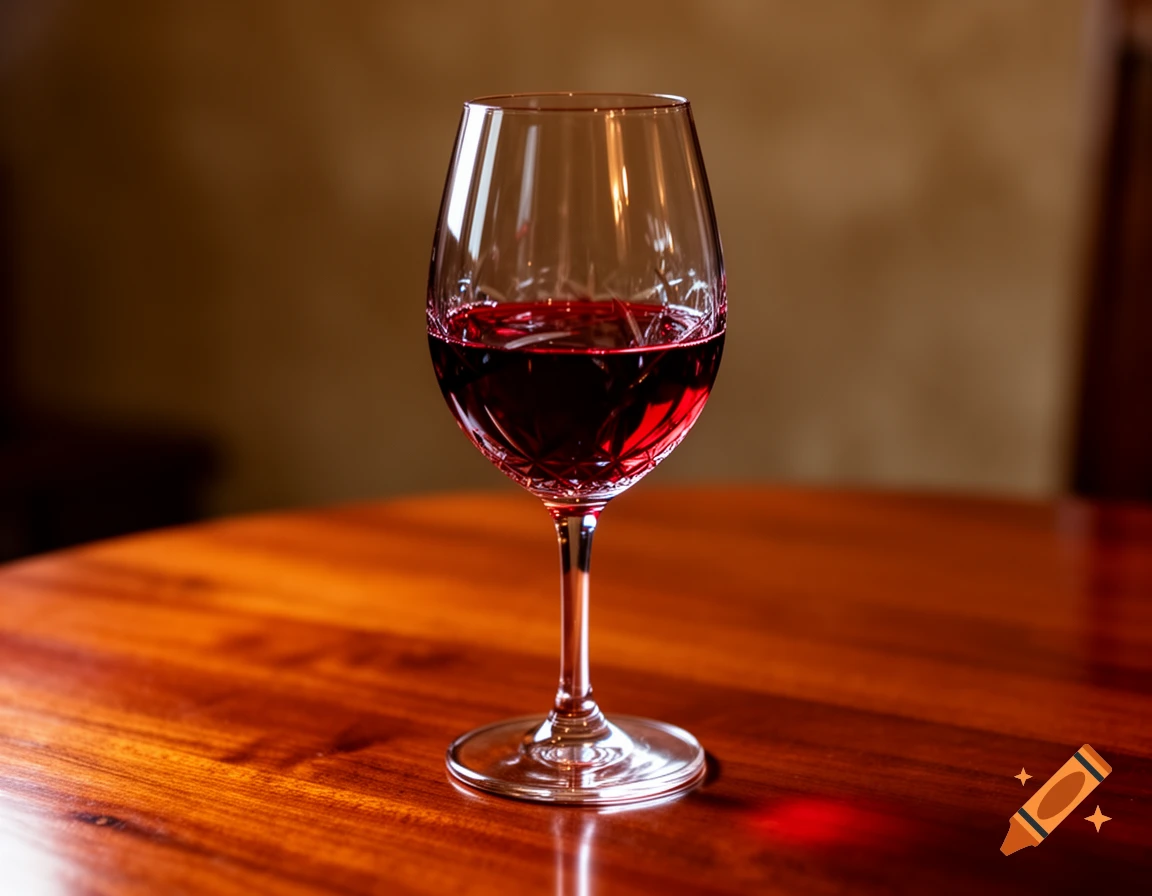 A crystal wine glass filled with red wine sits on a polished wooden table, with warm lighting in the background.