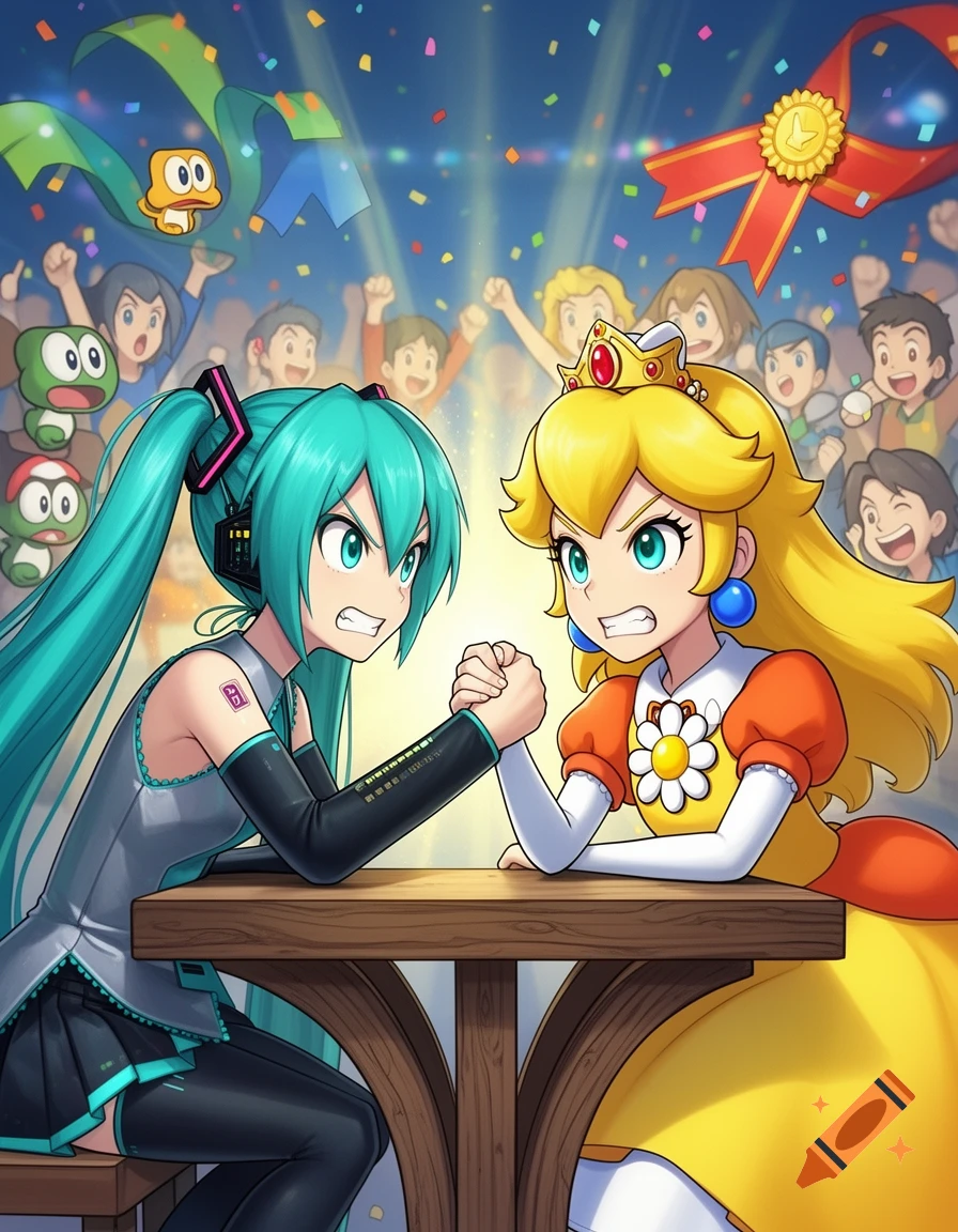 Hatsune Miku and Princess Daisy intensely arm wrestle on a wooden table in an anime style, with a cheering crowd.