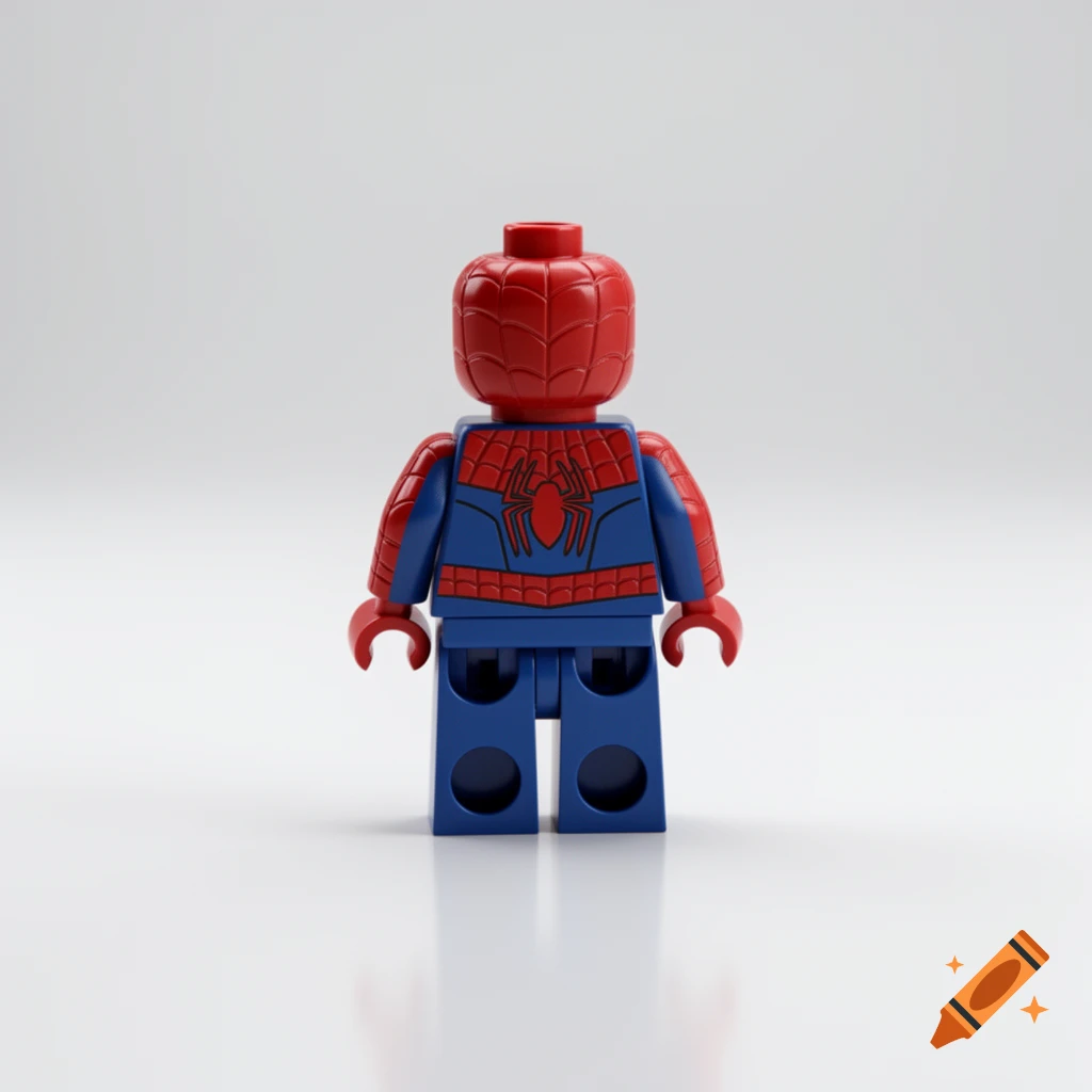 Spiderman Lego minifigure viewed from the back, showing its red and blue suit with a black spider emblem on a white background.