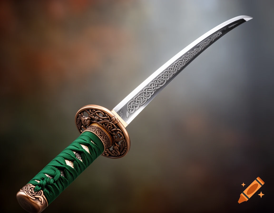A close-up of a katana sword with a green-wrapped hilt, a brass guard, and a blade etched with intricate Celtic knot patterns.