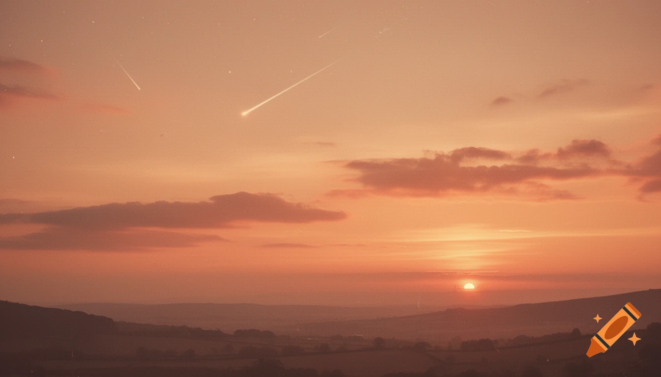 Warm, pastel orange and red sunrise over rolling hills with shooting stars, evoking a retro, nostalgic feel.