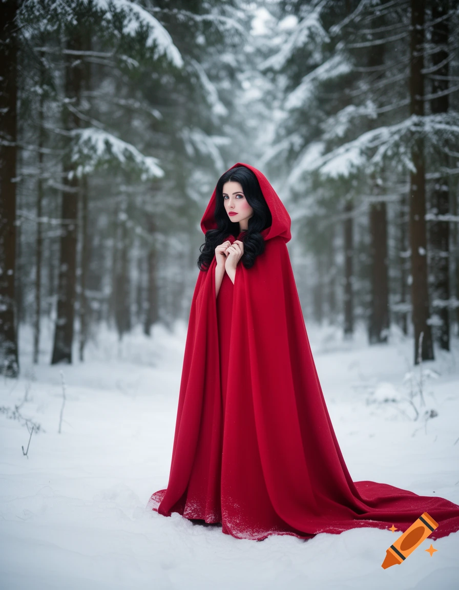 A woman in a vibrant red hooded cloak stands in a snowy forest.