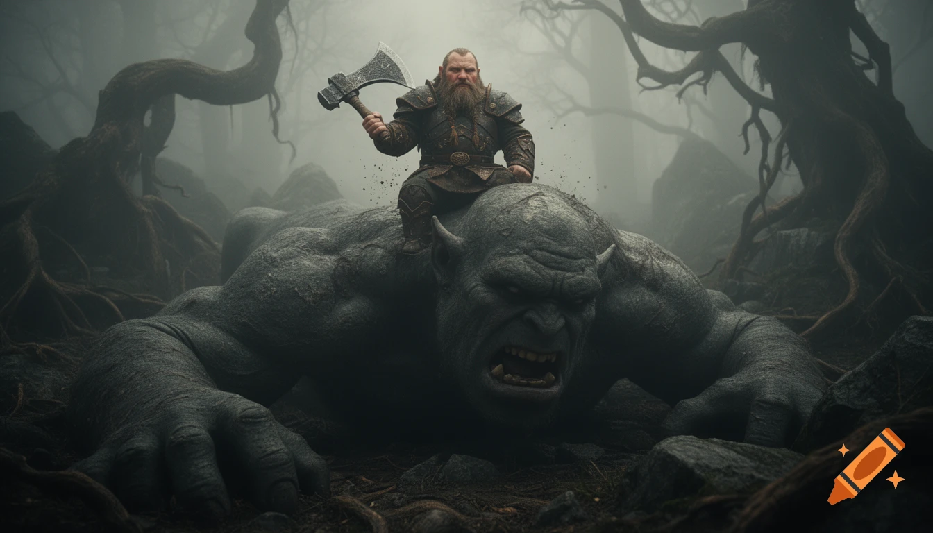 A bearded dwarf in armor rides on the back of a large, gray troll, holding an axe aloft in a misty, dark forest.
