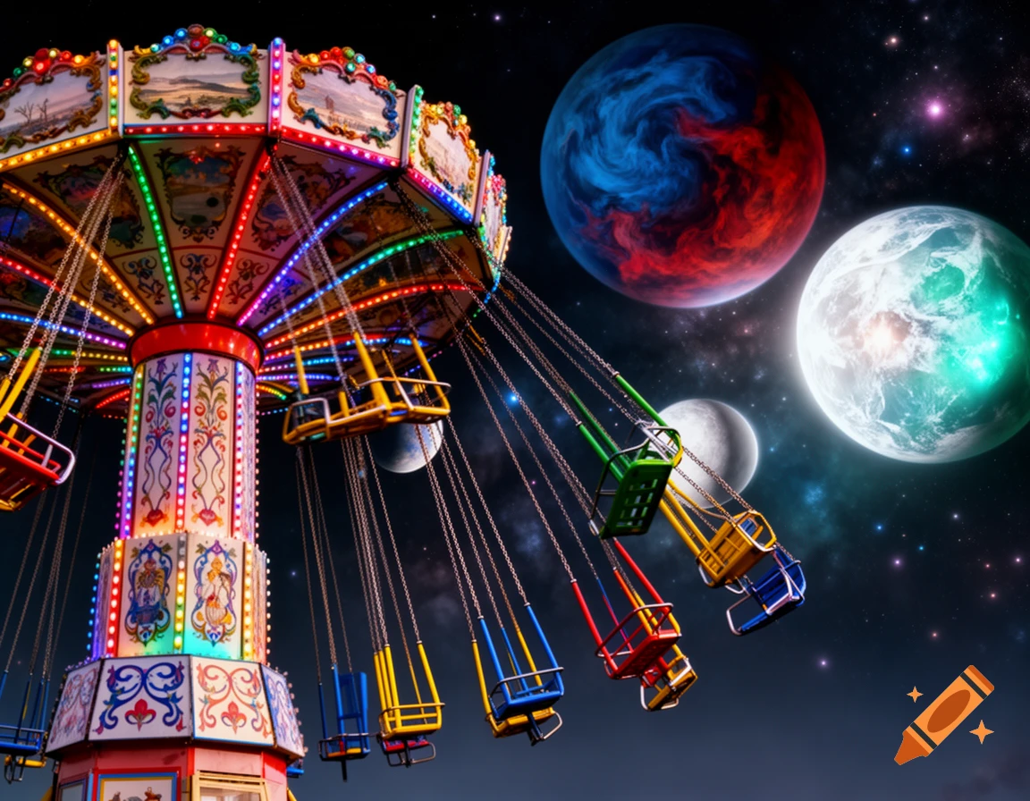 A colorful chain carousel ride illuminated with bright lights, set against a dark starry sky with large, vibrant planets.