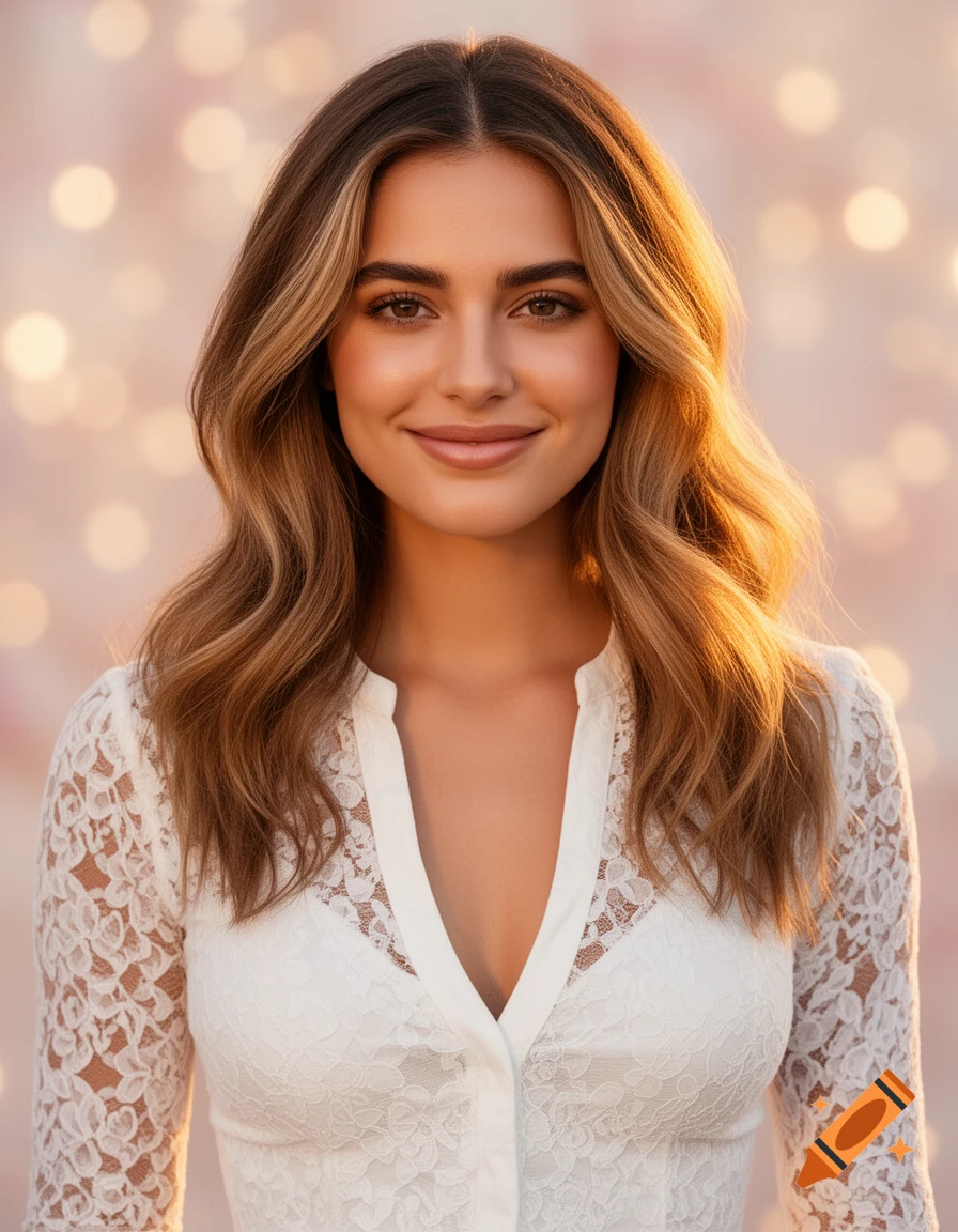 Photorealistic portrait of a smiling young woman with wavy brown hair, blonde highlights, in a white lace top, bokeh background.