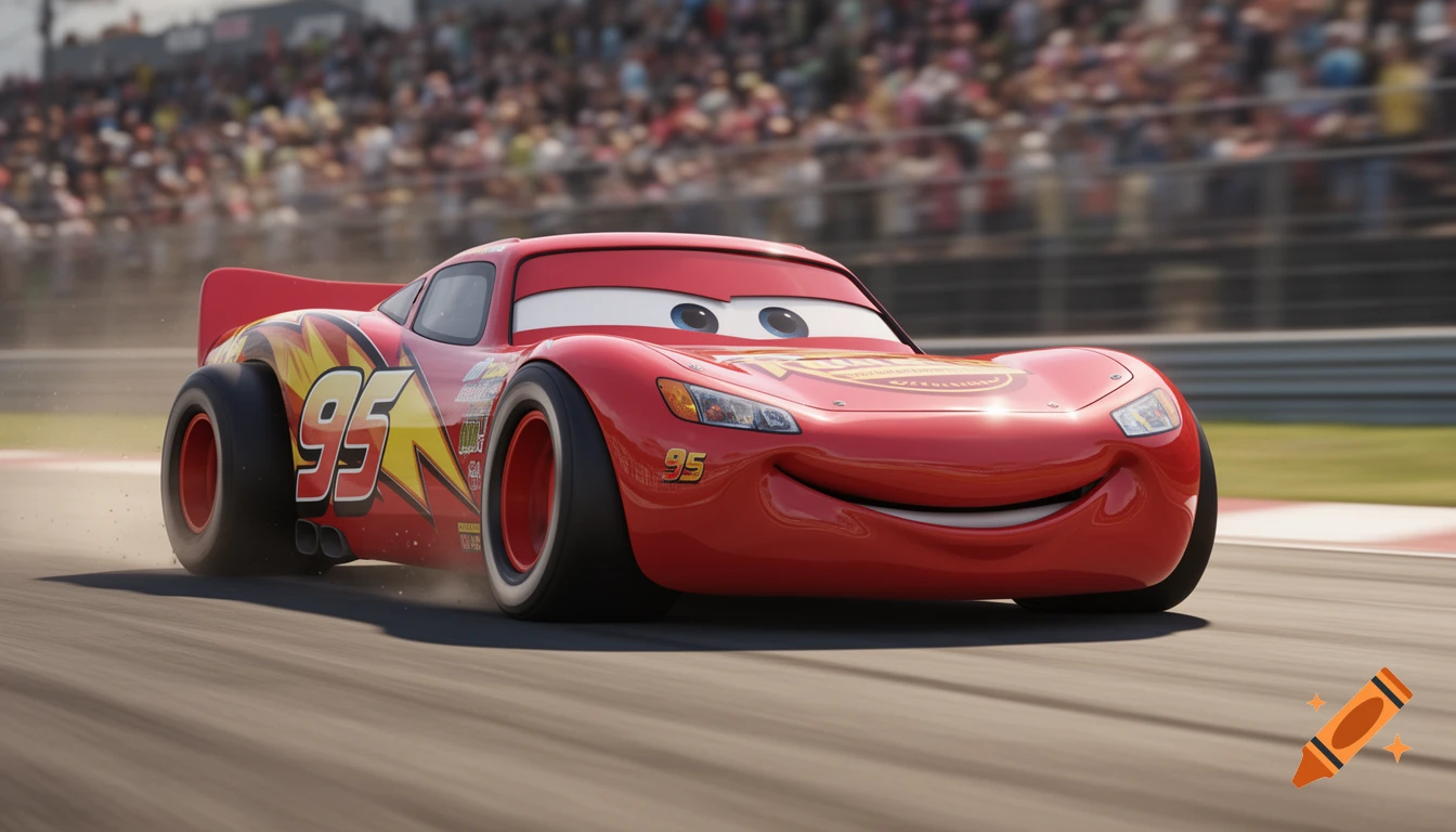 Lightning McQueen, a red race car with the number 95 and a lightning bolt, speeds on a race track with spectators in the background.