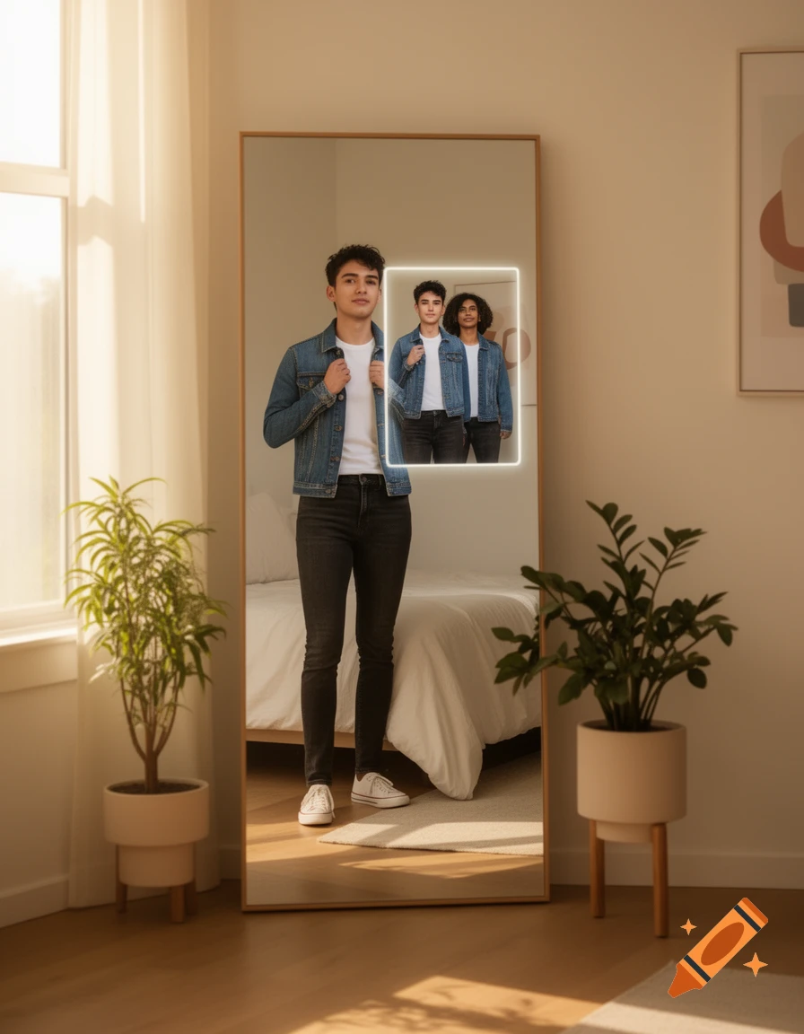 A man in a denim jacket stands before a mirror, which reflects two other people, a man and a woman, inside a glowing rectangle.