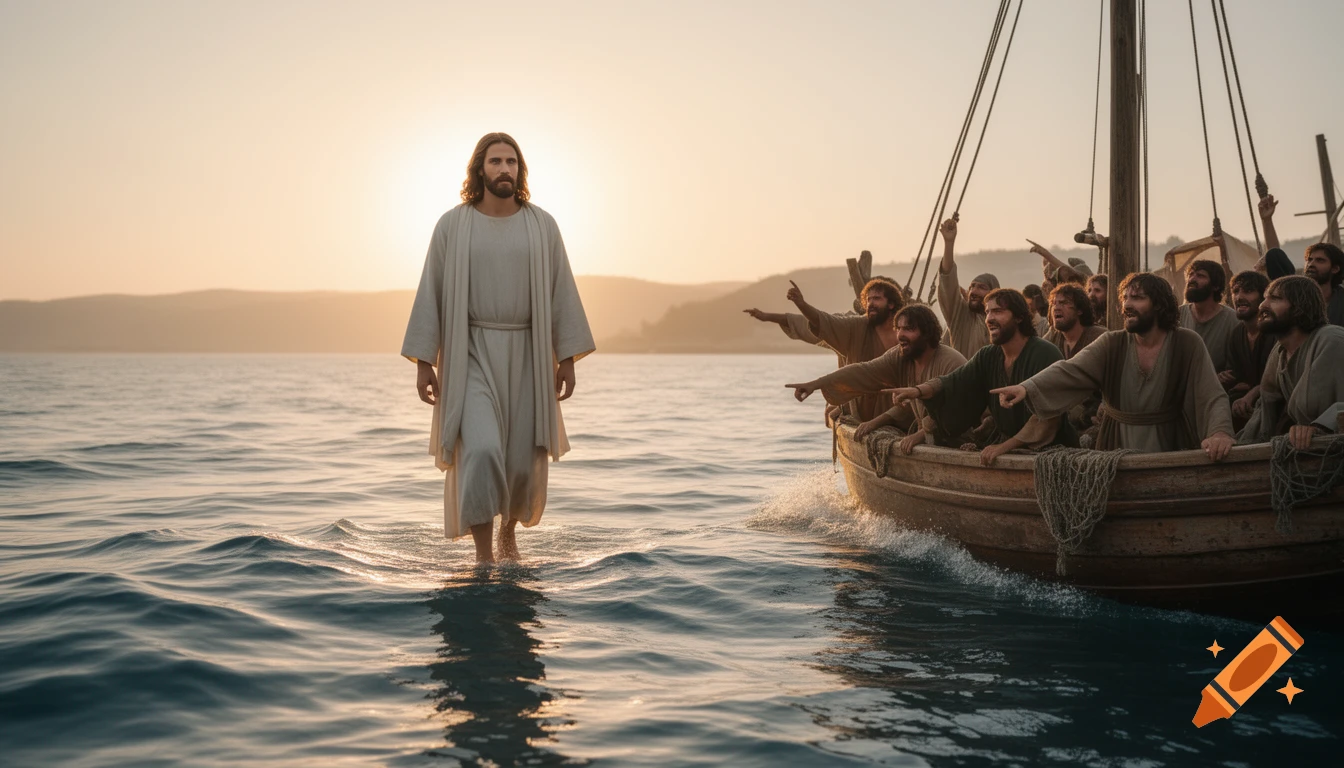 Photorealistic depiction of Jesus walking on the water at sunset, with surprised disciples watching from a boat.