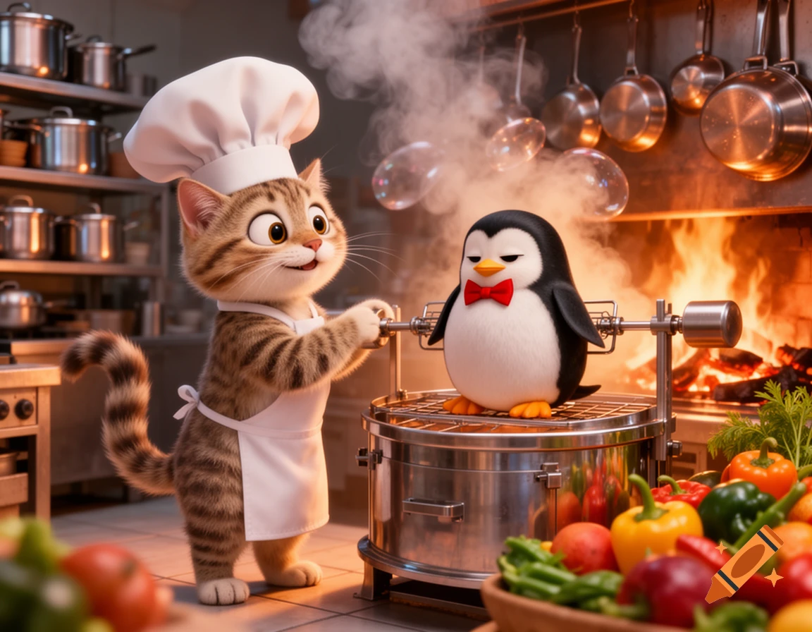 A cute cartoon cat chef grins while roasting a penguin on a rotisserie in a detailed kitchen with a fiery oven.