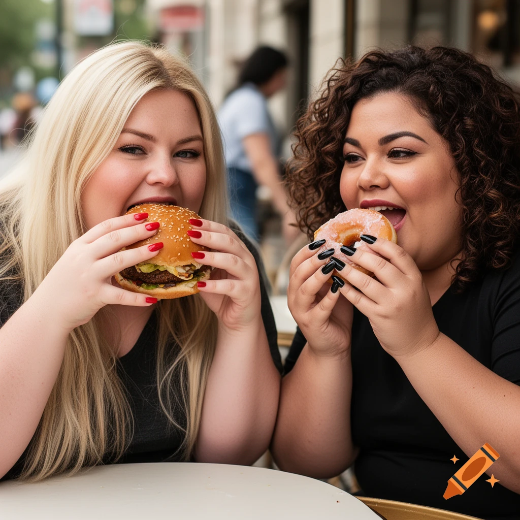 Two women, one blonde, one with curly brown hair, enthusiastically eating a burger and a donut outdoors.