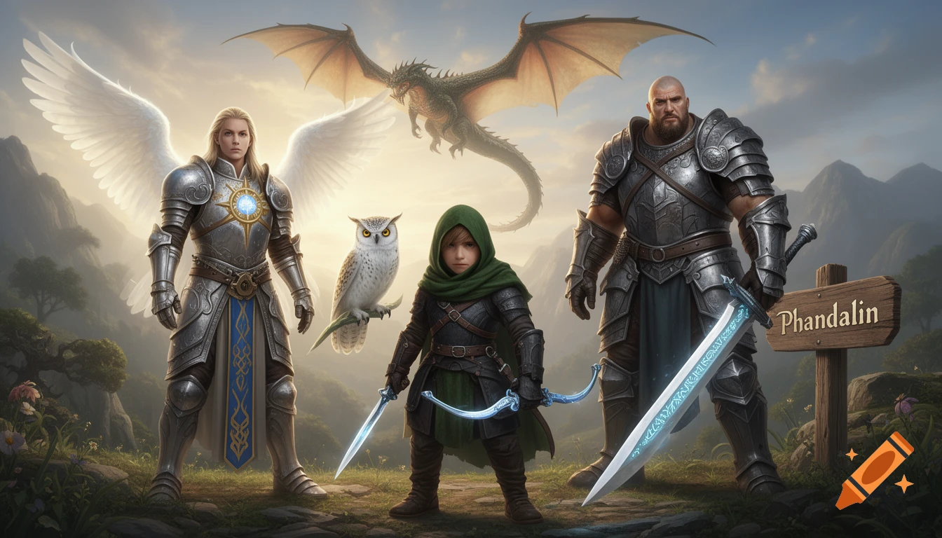 Three fantasy heroes: an angelic warrior, a child rogue, and a hulking warrior, with an owl and a flying dragon, in a mountainous landscape.