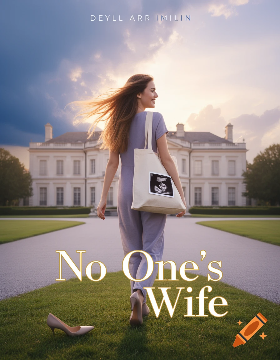 A young woman in a lavender jumpsuit walks away from a sunlit mansion, looking back with a smile. She carries a tote bag with an ultrasound print; a high heel is on the grass. The title "No One's Wife" is at the bottom, and garbled text is at the top. Photorealistic.