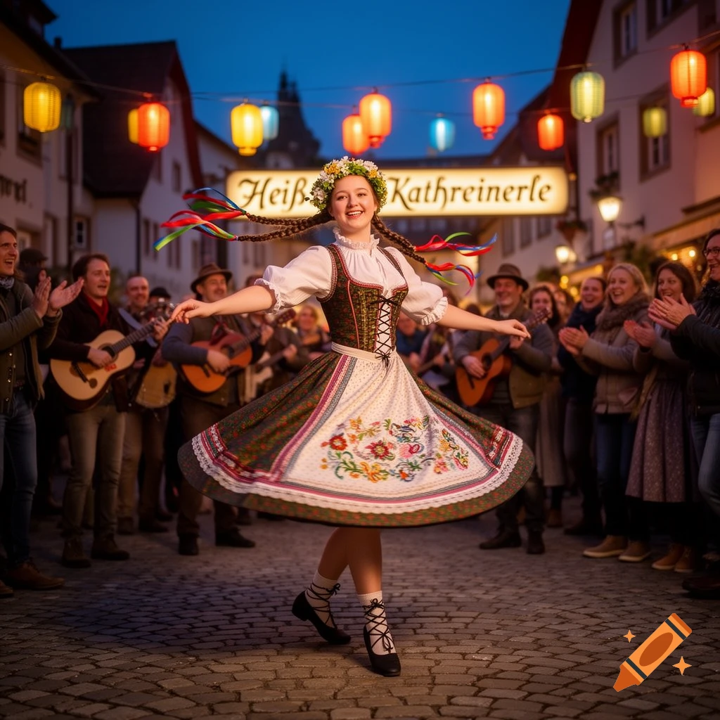 A young woman in traditional folk dress dances on a cobbled street at dusk, surrounded by musicians and cheering onlookers under hanging lanterns.
