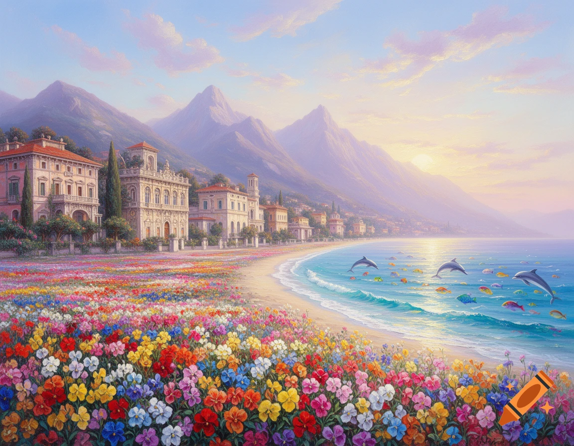 A vibrant pastel oil painting of a coastal resort town with mountains, a beach, colorful flower fields, and dolphins in the sea at sunrise.