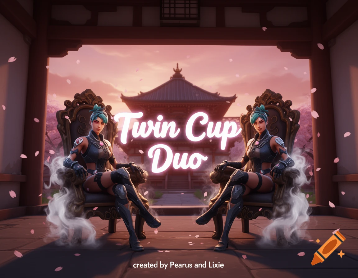 Two female characters in armored suits sit on ornate thrones in a Japanese temple setting at sunset, with cherry blossoms and text "Twin Cup Duo".