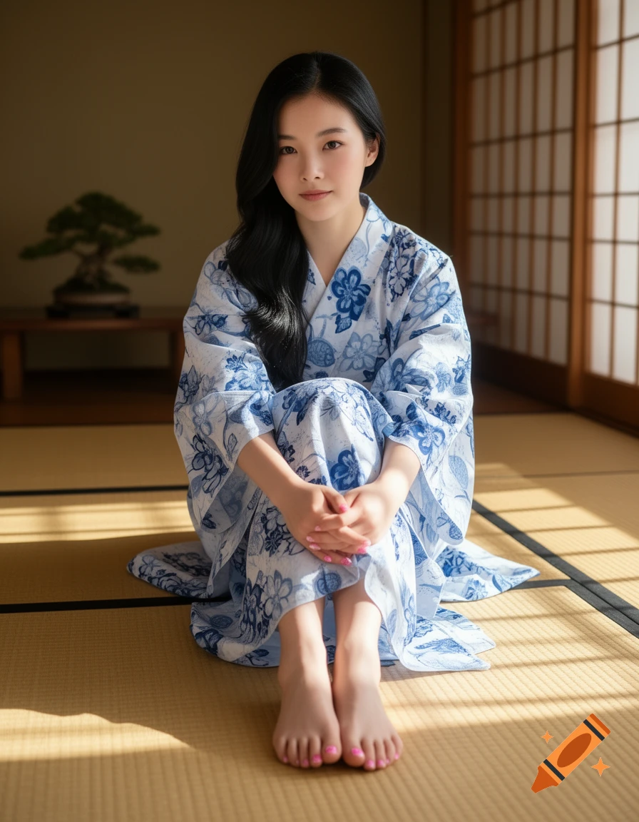 A young woman with long black hair sits on tatami mats, wearing a blue and white floral yukata, with pink painted toenails.