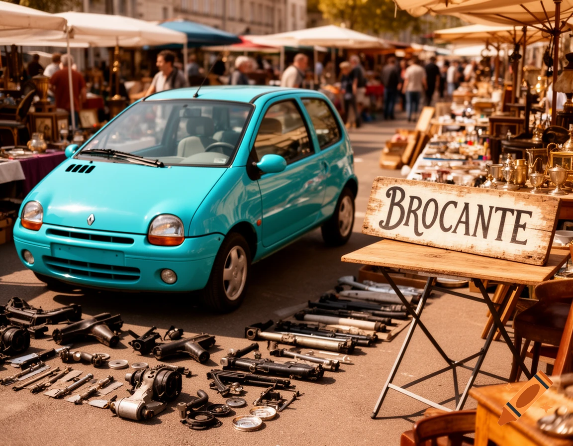 A teal Renault Twingo car parked at a bustling flea market, with a sign reading 'BROCANTE' and various old parts laid on the ground.