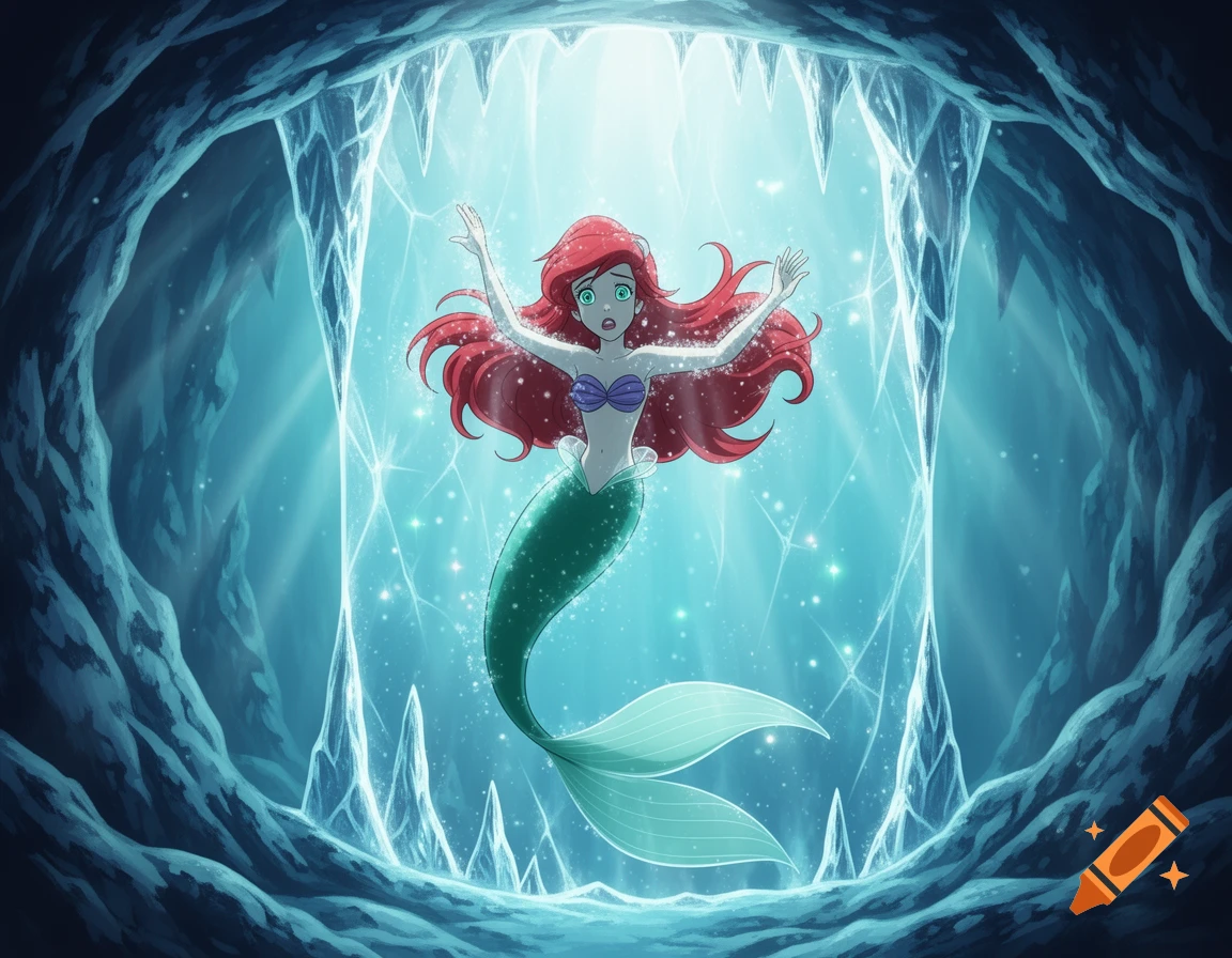 Ariel the Little Mermaid, with red hair and green tail, appears stunned, arms raised, encased in a glowing blue underwater ice cave.