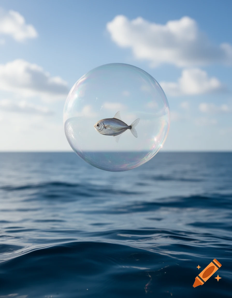 A small silver fish inside a large, iridescent bubble floating above calm blue ocean water under a cloudy sky.
