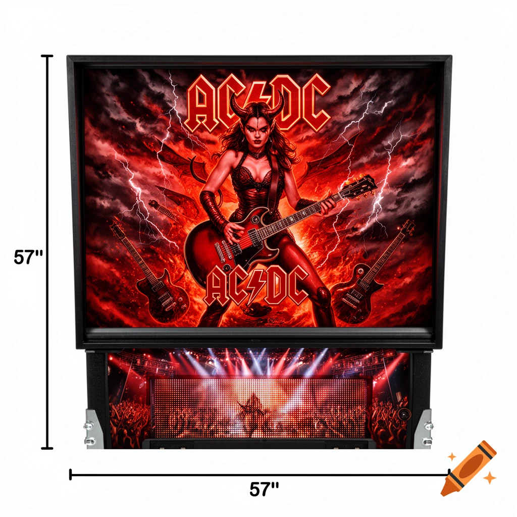 A devil woman with horns plays a red electric guitar, with 'AC/DC' logos, against a red stormy background on a pinball machine.