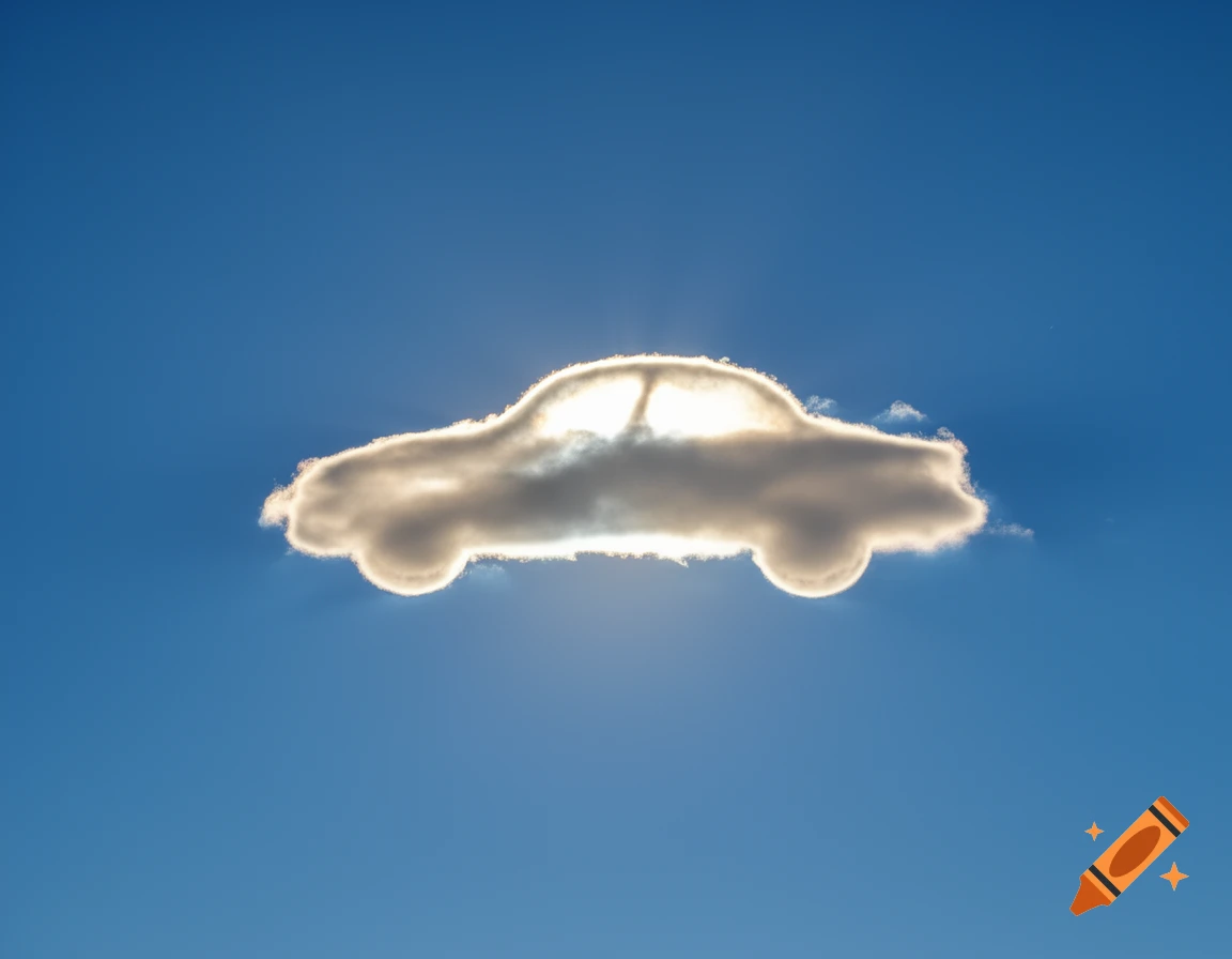 A photorealistic image of a cloud shaped like a car floating in a bright blue sky, backlit by the sun.