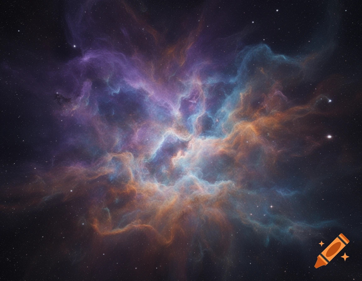 Vibrant purple, blue, and orange nebula with stars against a dark cosmic background.