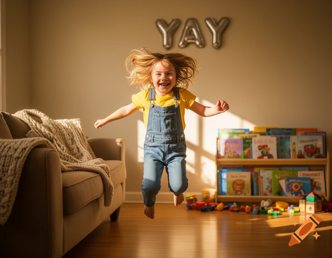 A joyful child with blonde hair jumps in a sunlit living room, wearing a yellow shirt and denim overalls, with 'YAY' balloons on the wall.