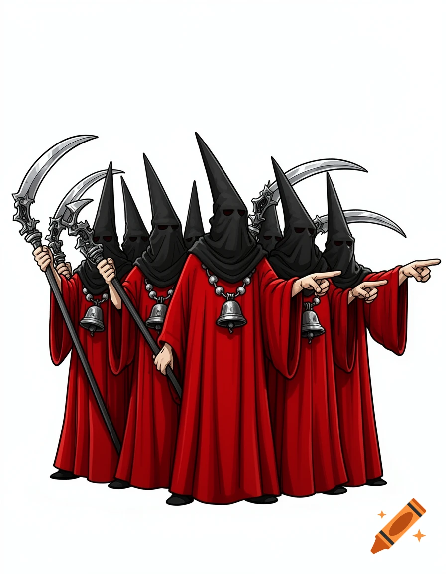 A cartoon of seven robed cultists with black pointed hoods, some holding scythes, others pointing.