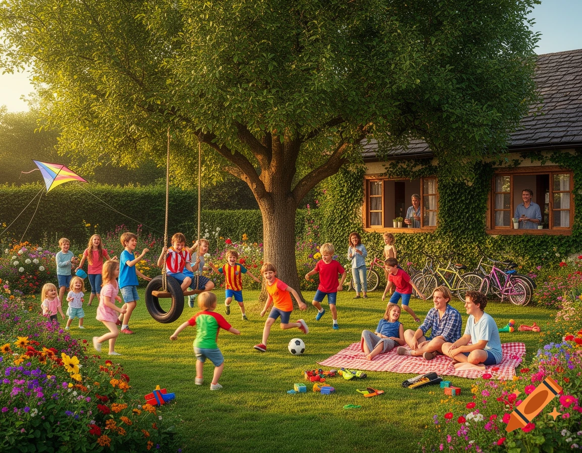 A large family with many children playing in a sunny garden with a tire swing, kite, and picnic blanket, next to a house covered in vines.