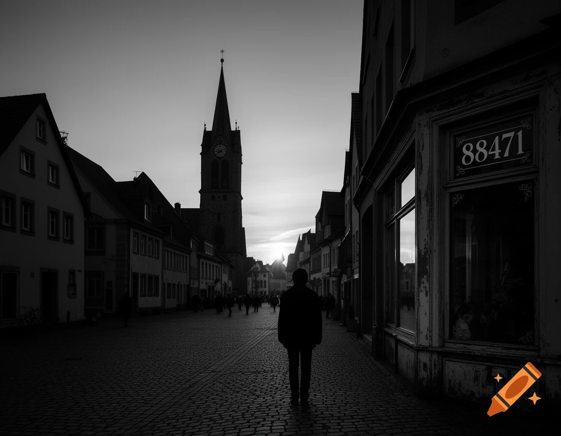Black and white photo of a lone silhouette figure on a cobblestone street, looking towards a tall church steeple at sunset.