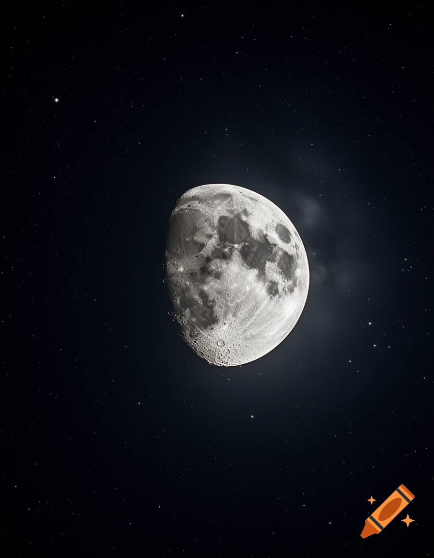A detailed half-moon with craters visible against a dark, star-filled night sky.