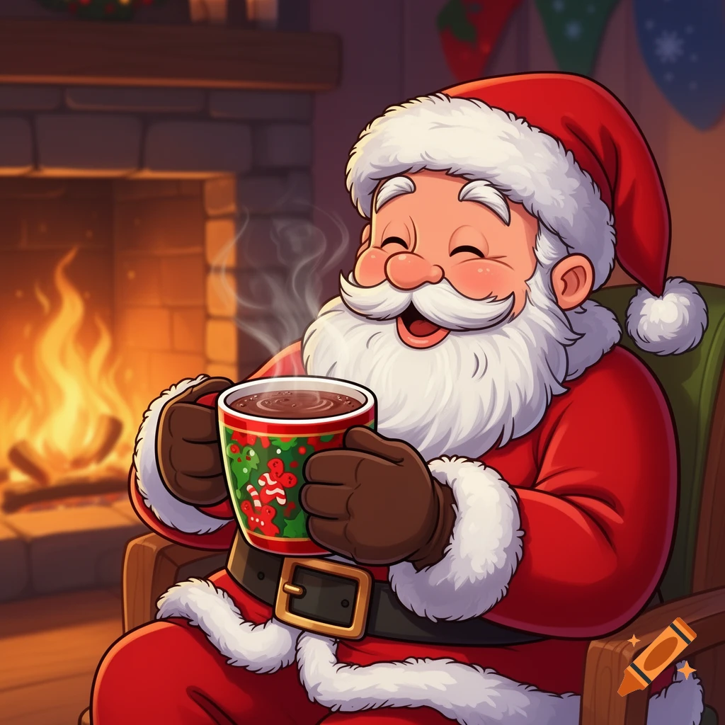 Cartoon Santa Claus happily sips hot chocolate from a festive mug by a warm fireplace.