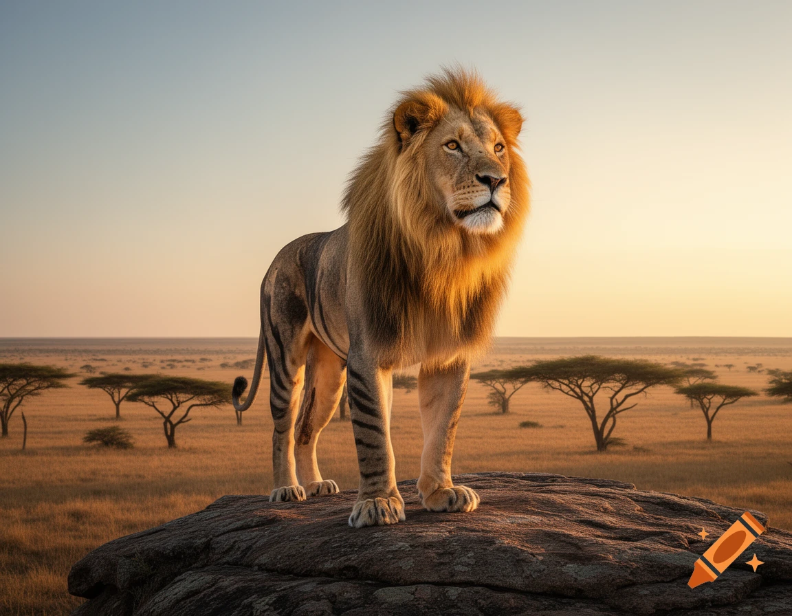 A majestic lion stands proudly on a rocky outcrop in an African savanna at sunrise, with acacia trees in the background.