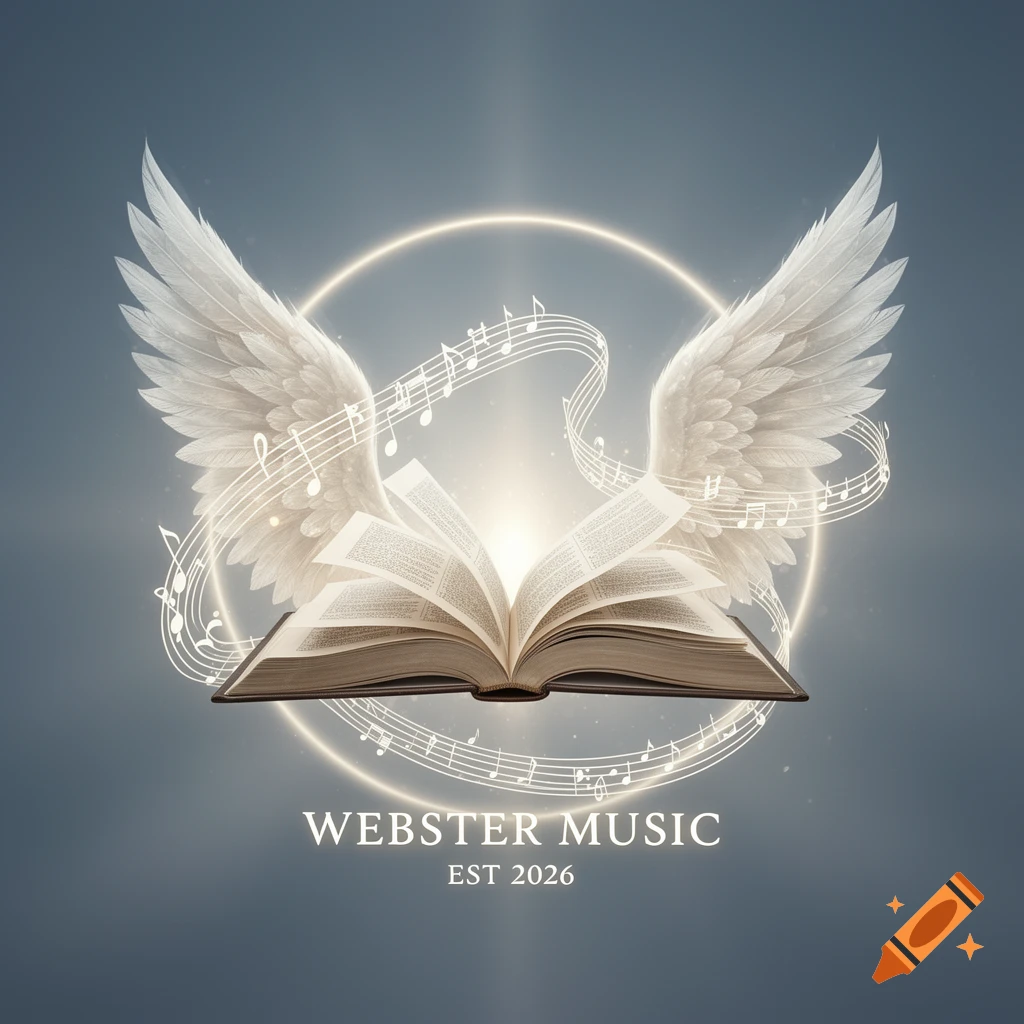 A glowing open book with white angel wings, flowing music notes, and a halo, above the text 'WEBSTER MUSIC EST 2026' on a gradient blue background.