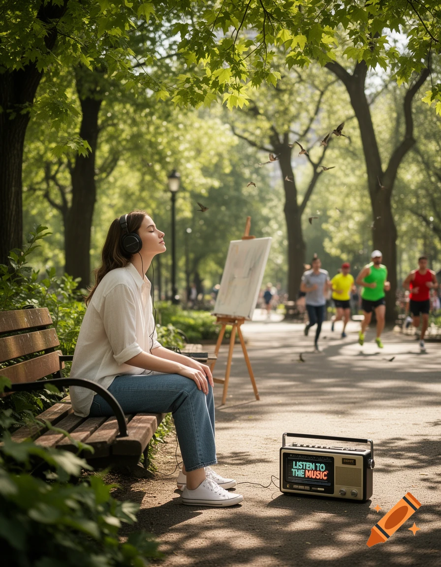 A woman with headphones sits on a park bench near a radio displaying 'LISTEN TO THE MUSIC' in a sunny park with runners in the background. Photorealistic.
