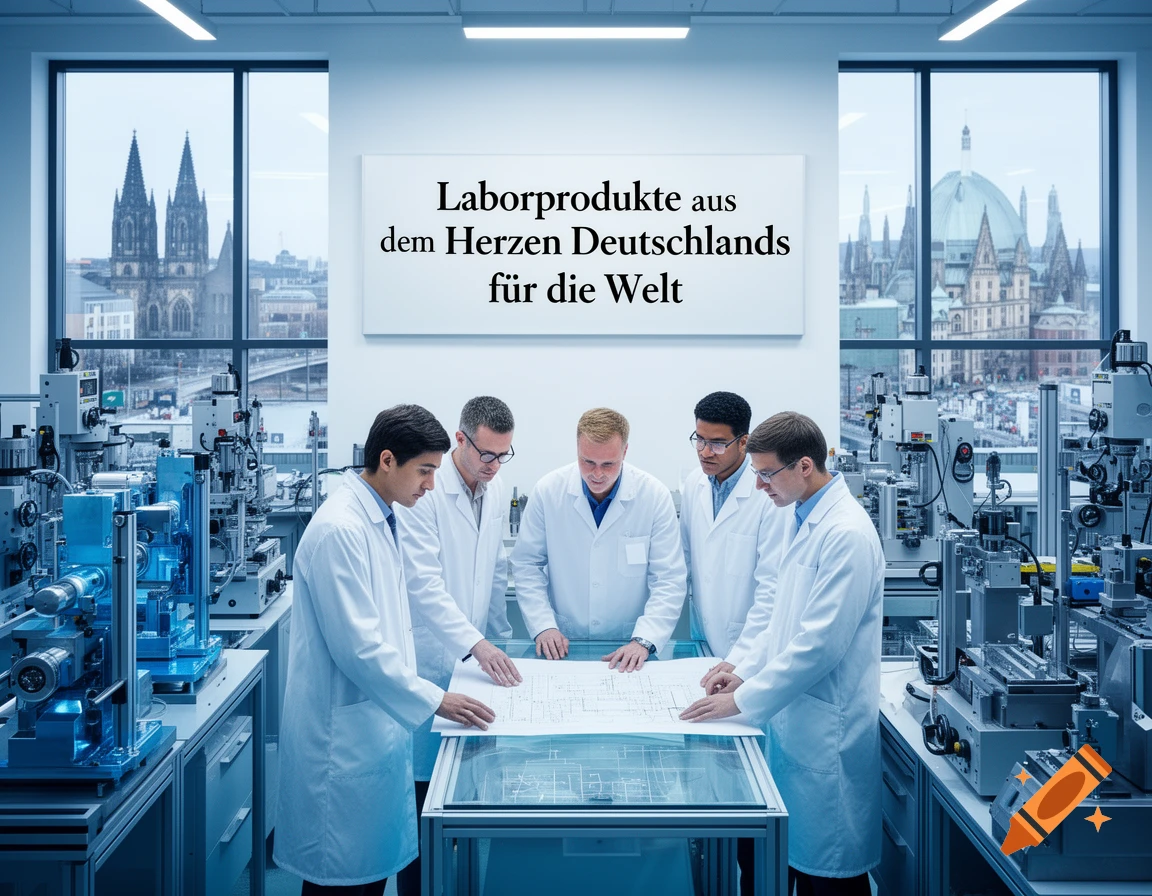 Five male scientists in white lab coats look at blueprints on a table in a modern laboratory, with city skylines visible through large windows and a sign above reading "Laborprodukte aus dem Herzen Deutschlands für die Welt".