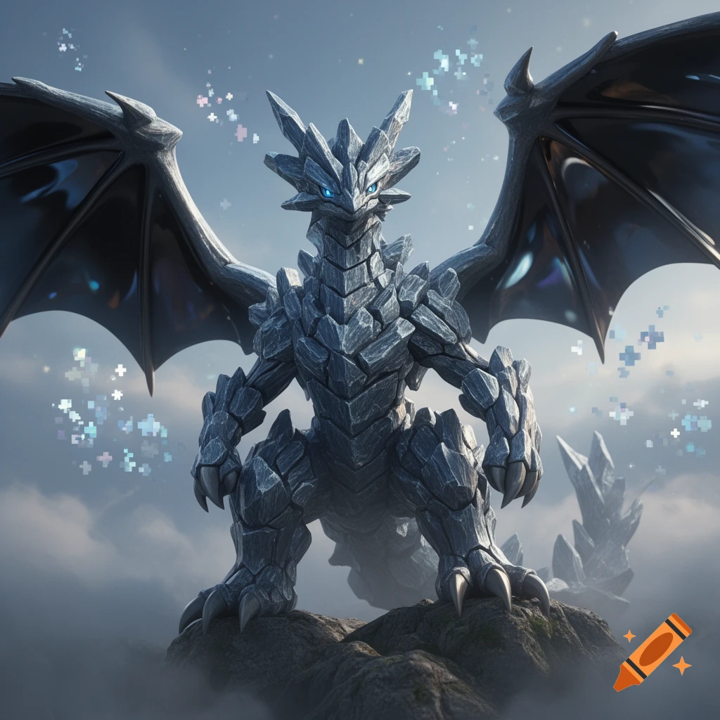 An armored ice dragon Pokemon with blue eyes stands on a rocky peak, surrounded by misty clouds and magical sparkles.