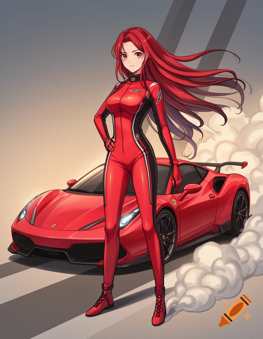 Anime woman with long red hair in a red racing suit stands before a red Ferrari sports car, smoke billowing behind.