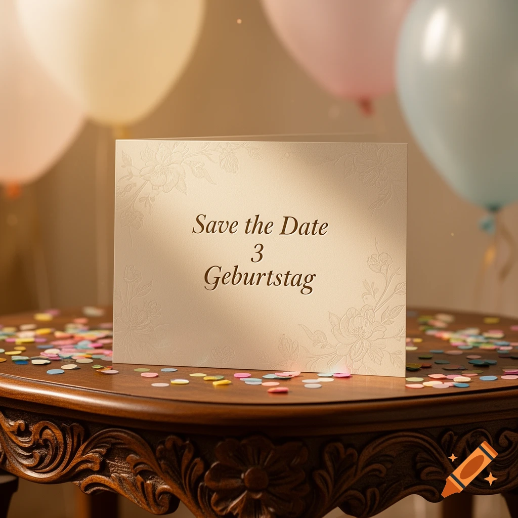 A close-up shot of a "Save the Date 3 Geburtstag" card on a wooden table covered in colorful confetti, with balloons in the blurry background.