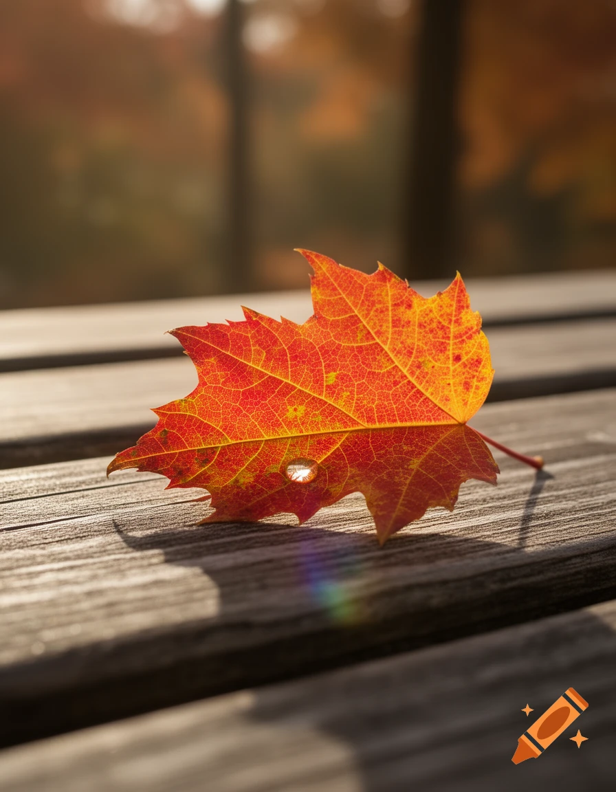 A vibrant red and orange autumn leaf with a water droplet resting on weathered wooden planks, bathed in warm sunlight.