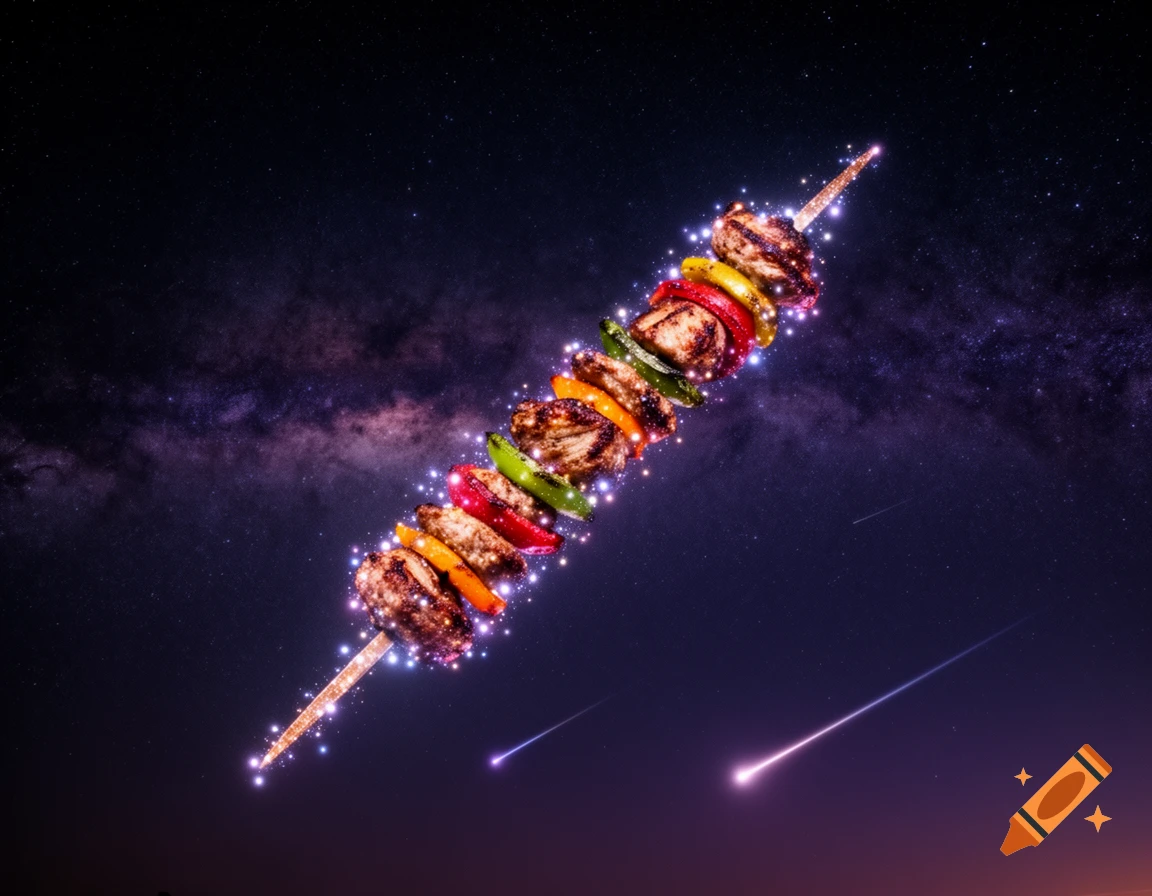 A glowing grilled souvlaki skewer, made of chicken and colorful peppers, floats in a dark starry night sky like a constellation, with two shooting stars below.
